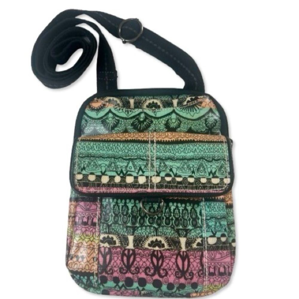 Sakroots Artist Circle Coated Canvas Peace Elephant Print Crossbody Bag Purse